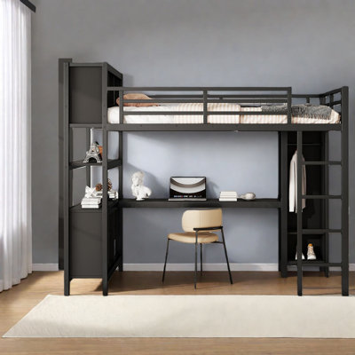 Lit mezzanine double en métal avec garde-robe, bureau en forme de L et rangement, idéal pour économiser de l'espace et un espace multifonctionnel