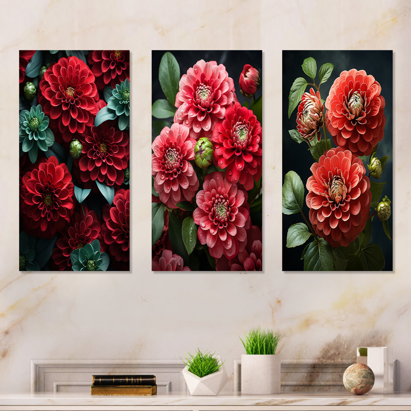 Red Zinnias Blooms I - ensemble de 3 décorations murales fleurs rouges, H 28 po x l 36 po, Toile tendue