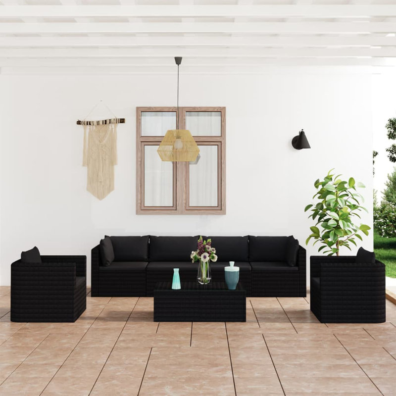 Wide Patio Sofa with Cushions, 11 Pcs: 2 Table, 5 Corner, 4 Middle, Black