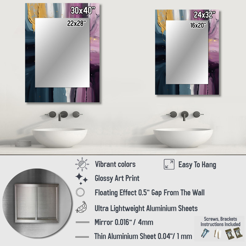 Purple And Blue Movements In Paint II - Abstract Painting Mirror, Modern Unique Wall Mirror, Printed Metal Art, 40" x 30"