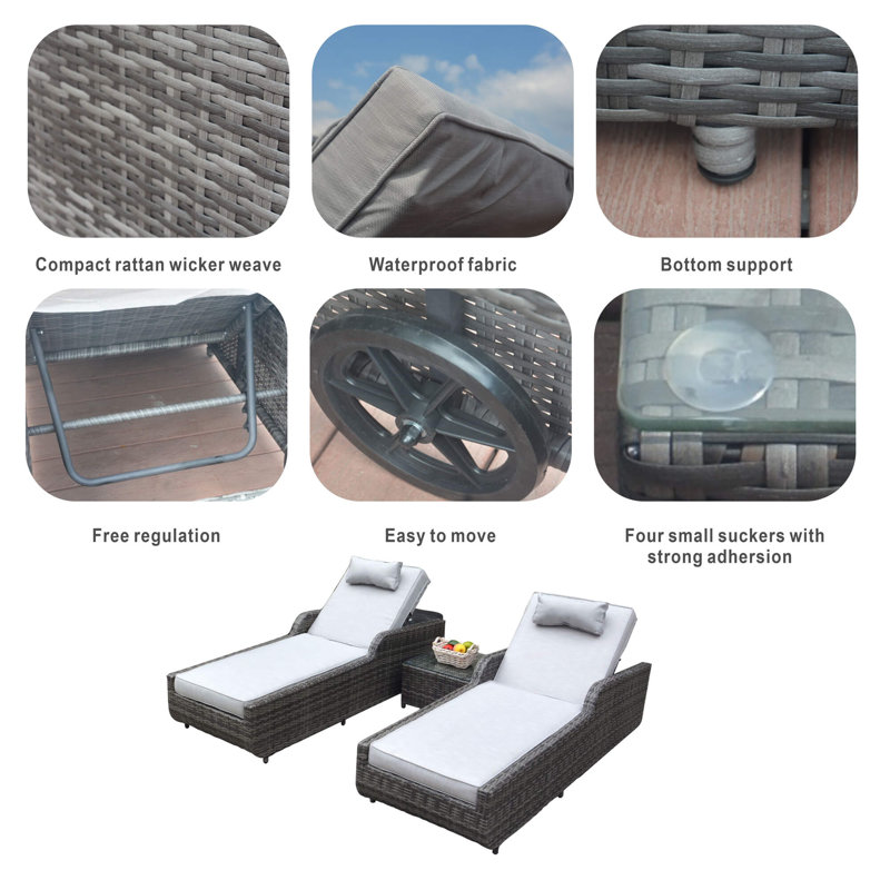 Chaise longue noire en osier avec roulettes, dossier réglable et coussins résistants à l'eau, structure en aluminium résistant à la rouille