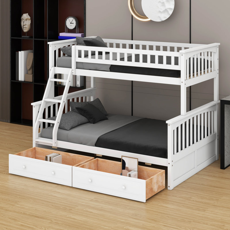 Lit superposé simple au-dessus d'un lit double - Conception convertible avec tiroirs inclus, Blanc