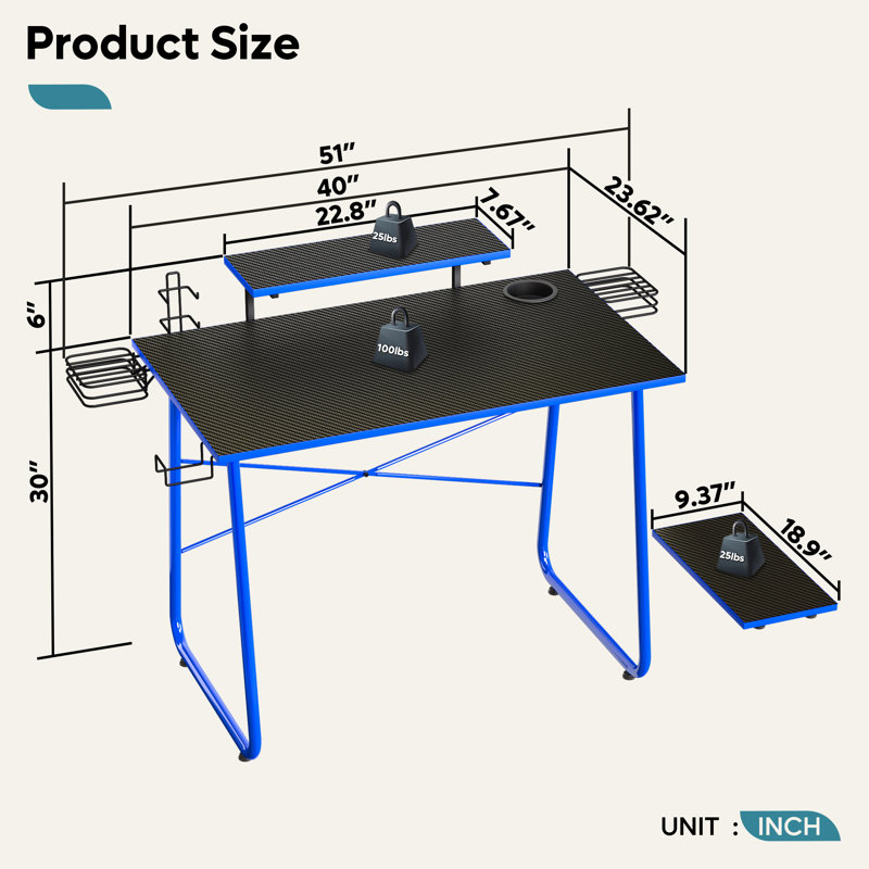 Granger Metal Base Computer Desk, Carbon Fiber Black/Blue