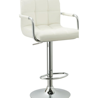 Adjustable Swivel Bar Stool With White Metal Framework, Grey Cushioned Seat Grid-Pattern Embellishment Style, Hydraulic Lift For Height Variation Scope, 360 Mobility Range, Ergonomic Configuration