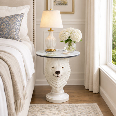 Polar Bear Head Side Table, Rustic Animal Statue End Table, 24" Unique Resin Nightstand with Tray Top, Cute Bear Furniture for Cabin, Lodge & Living Room
