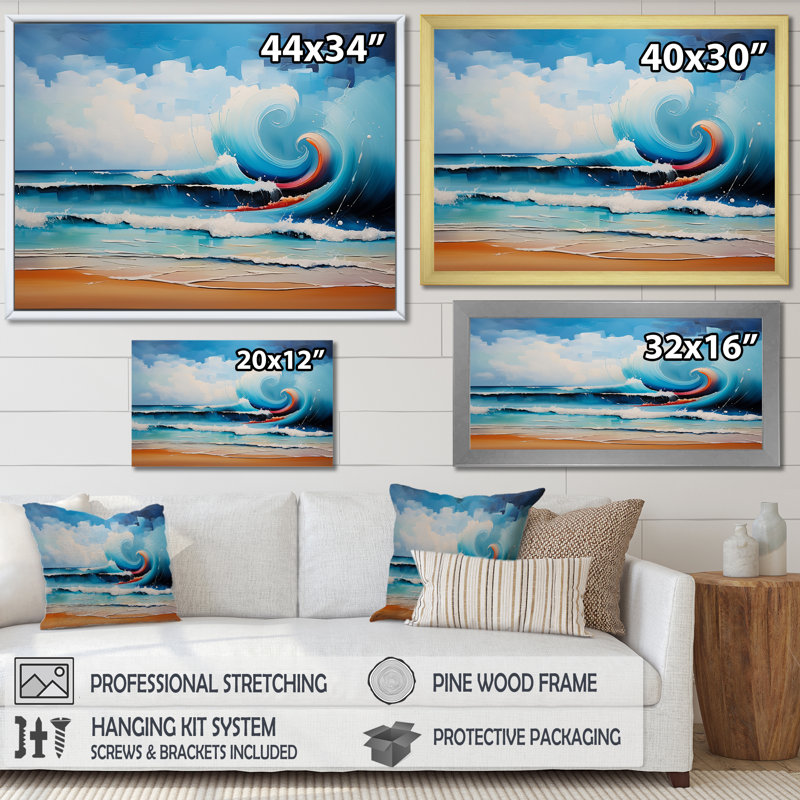 Vibrant Beach Waves 3 - art mural vagues côtières, Cadre doré à coins fermés, H 16 po x l 32 po x P 1 po