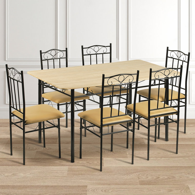 Flahiff 6-Piece Dining Table & Chairs Set - Table + 6 Padded Chairs | Rustic Brown MDF Finish | Indoor/Outdoor Use for Kitchen, Patio, or Dining Room