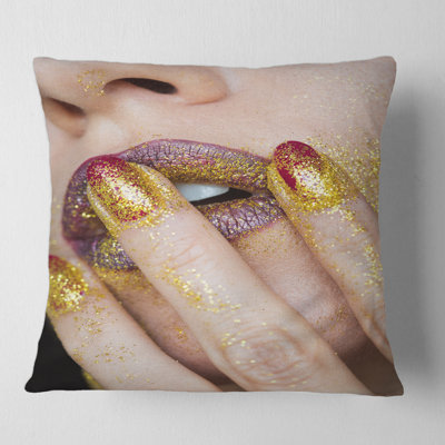 Close up of Glitter Lipstick Square Pillow Cover and Insert