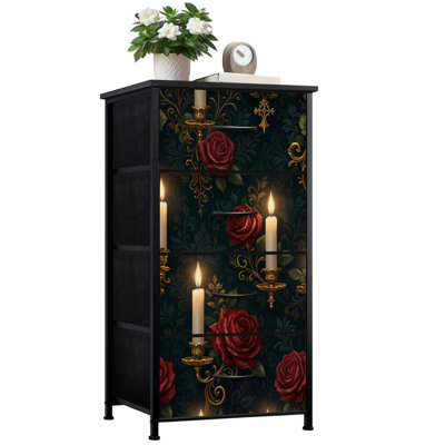 Commode pour la chambre à coucher avec 4 tiroirs de rangement Bougies roses rouges gothiques Commodes florales foncées Commode en tissu pour chambre d'enfant