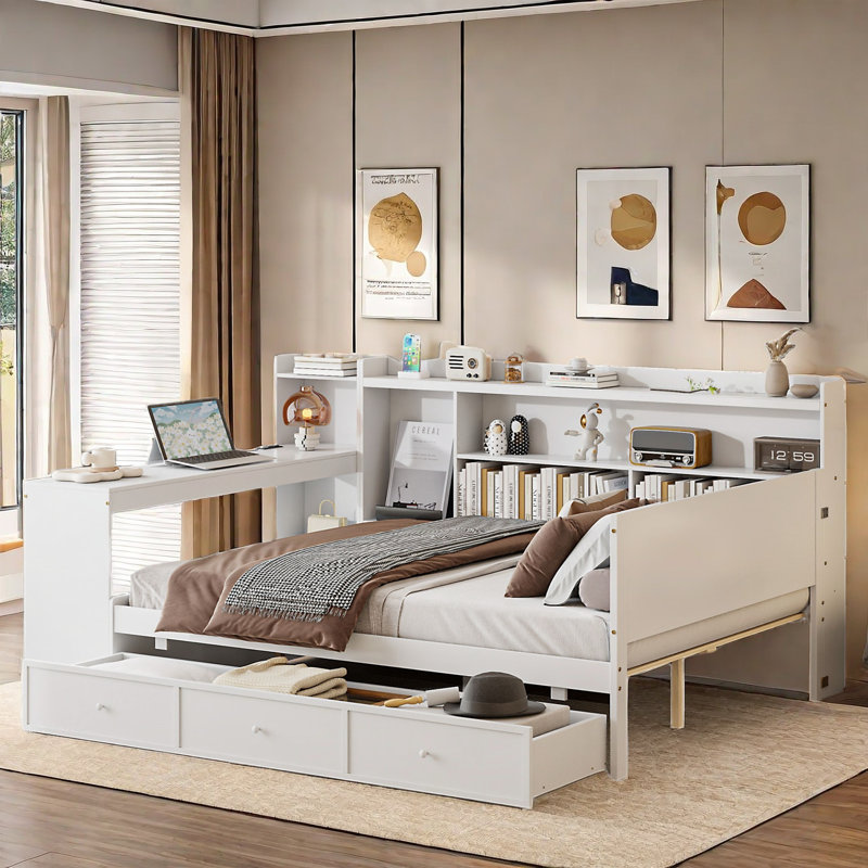 Wooden Daybed With 3 Drawers, Usb Ports And Desk, Full/Double, White
