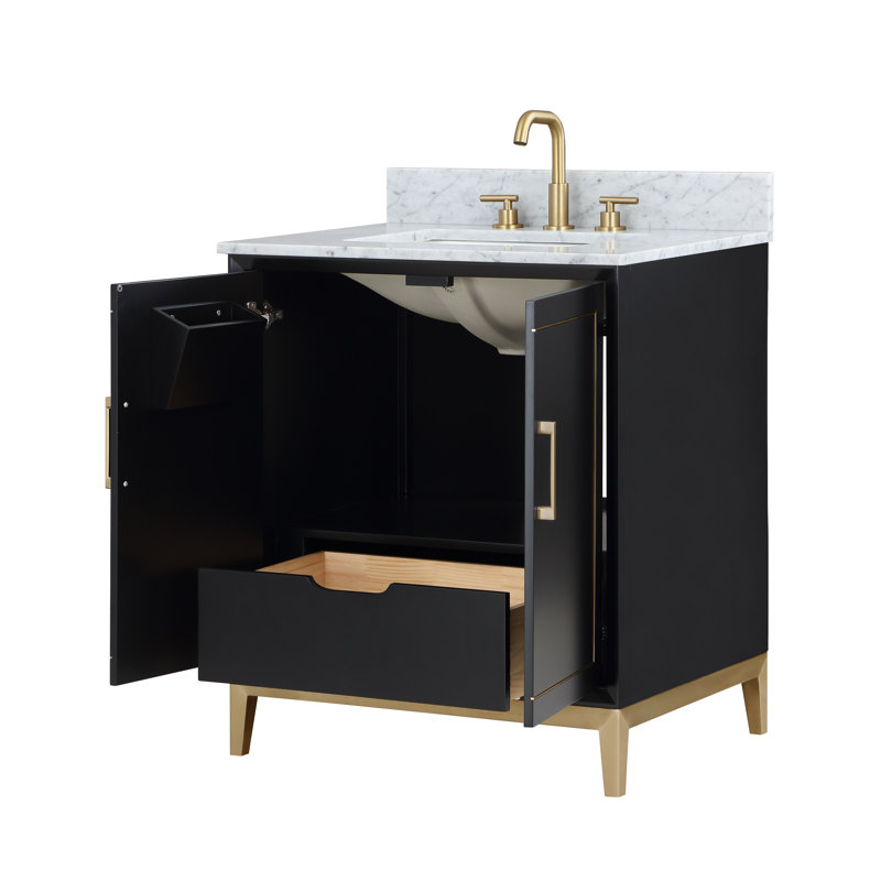 Gracie 30'' W Single Vanity, Midnight Black, Satin Brass, Carrara Marble