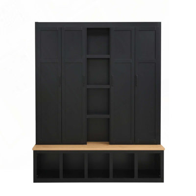 62.9""Wide Farmhouse Hall Tree with 6 Hooks, Open Compartments, Entryway Shoe Cabinet with Seating Bench for Living Room, Hallway -  Red Barrel Studio®, 6CB95C6569BF4F919C8EBB10BD15F36F