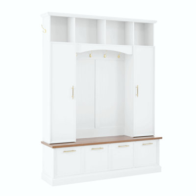 4-In-1 Elegant Hall Tree With Golden Hooks & Handles, Practical Entryway Walnut Bench With Adjustable Shelves, 76.7"H Farmhouse Wooden Style Coat & Shoe Rack For Mudroom