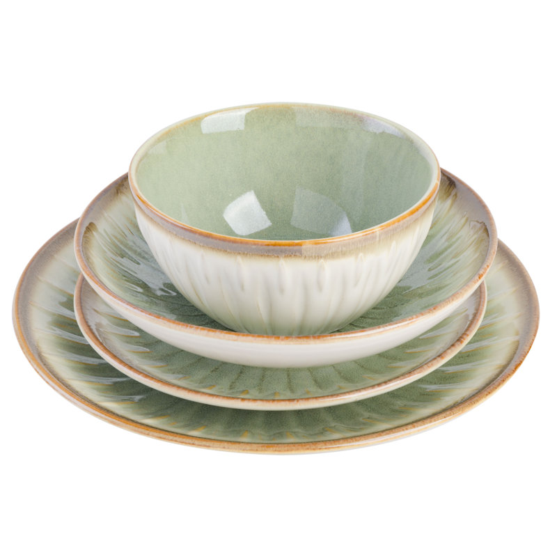 Green Ceramic Embossed Dinnerware Set, Service for 4