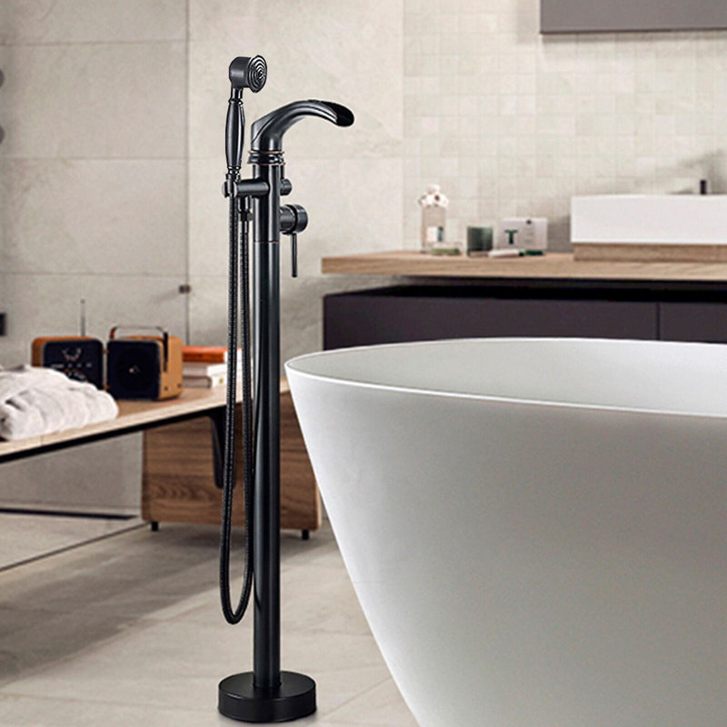 Floor Mounted Tub Filler with Diverter and Handshower, Matte Black