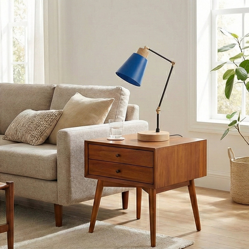 Lampe de table réglable en métal à base en bois, Bleu mer