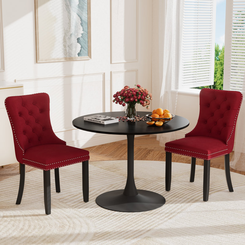 Round Pedestal Dining Set with 2 chairs, Red, Black/Black