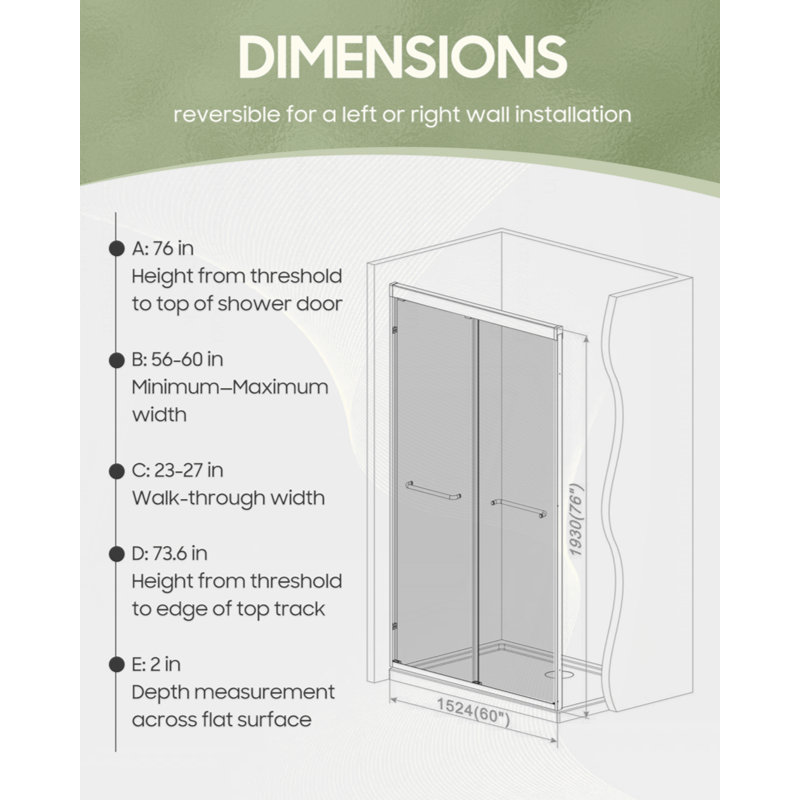 Les deux portes de douche coulissantes encadrées en verre de 60 po de largeur x 76 po de hauteur avec verre trempé transparent de 1/4 po (6 mm), grands rouleaux, rail carré, revêtement autonettoyant des deux côtés