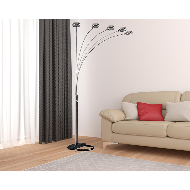 84" Five Lights Arc Floor Lamp With Dome Shade, Nickel, Silver