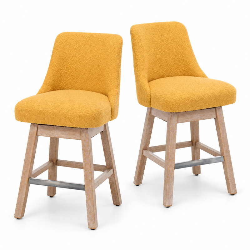 Tabourets de bar pivotants de 66 cm (26 po), ensemble de 2, en boucle jaune, pieds en bois massif