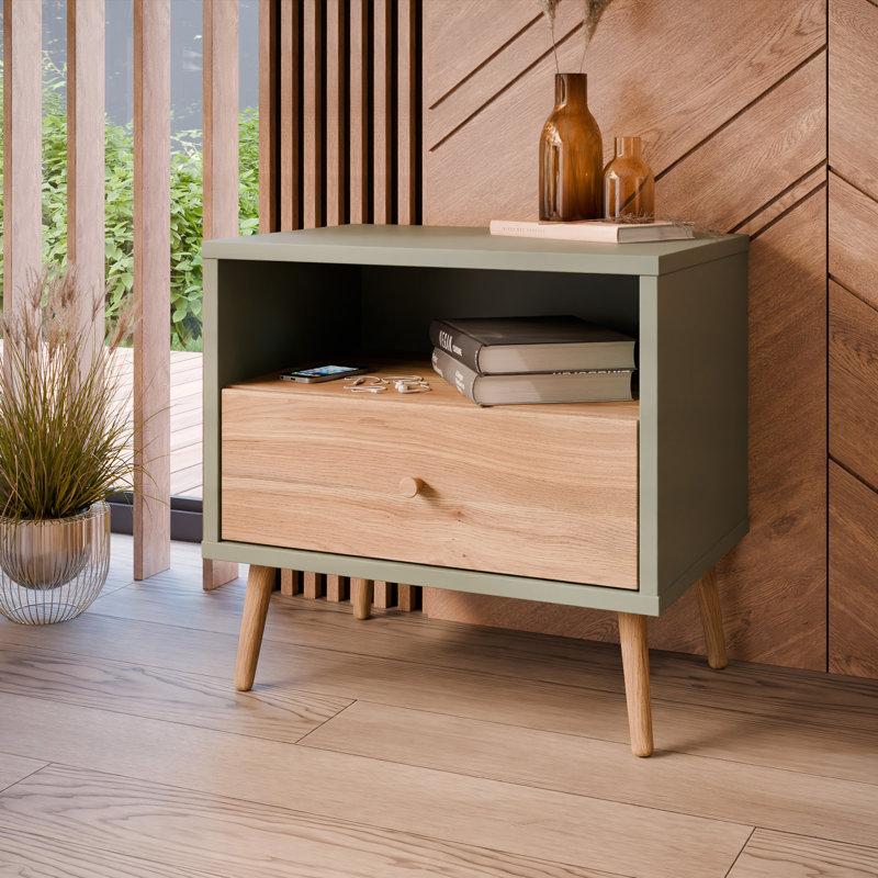 HARLLSON 59.8cm W Particle Board / Chipboard Bedside Table, Green/Natural