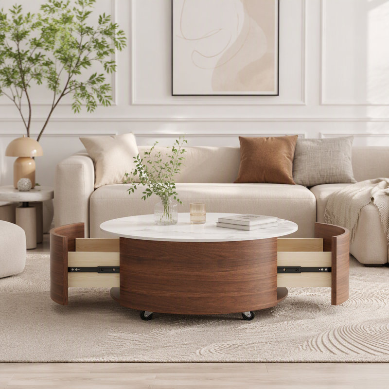 Table basse ronde moderne sur roulettes avec plateau imitation marbre, Noyer