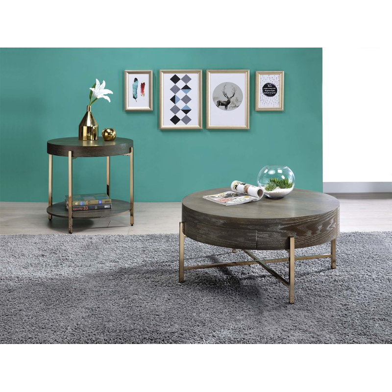 Table basse à 1 tiroir en forme de tambour et champagne avec finition chêne foncé pour un rangement élégant et une esthétique moderne