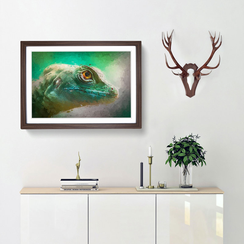 Green Lizard in Abstract - Picture Frame Graphic Art Print, Walnut Framed, 36cm H x 48cm W x 2cm D