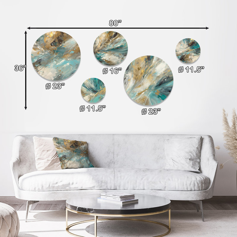 5 Golden Hour In Turquoise Waves I - Ensemble de décoration murale en métal rond