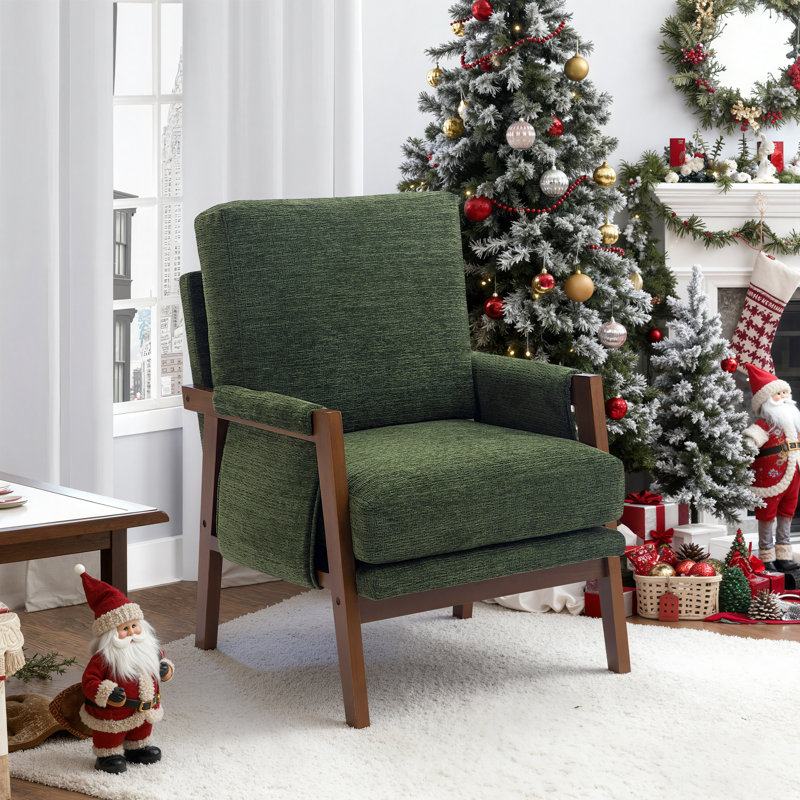Cindina High Back Mid-Century Modern Accent Armchair with Solid Wood Frame and Plush Cushions for Living Room, Green
