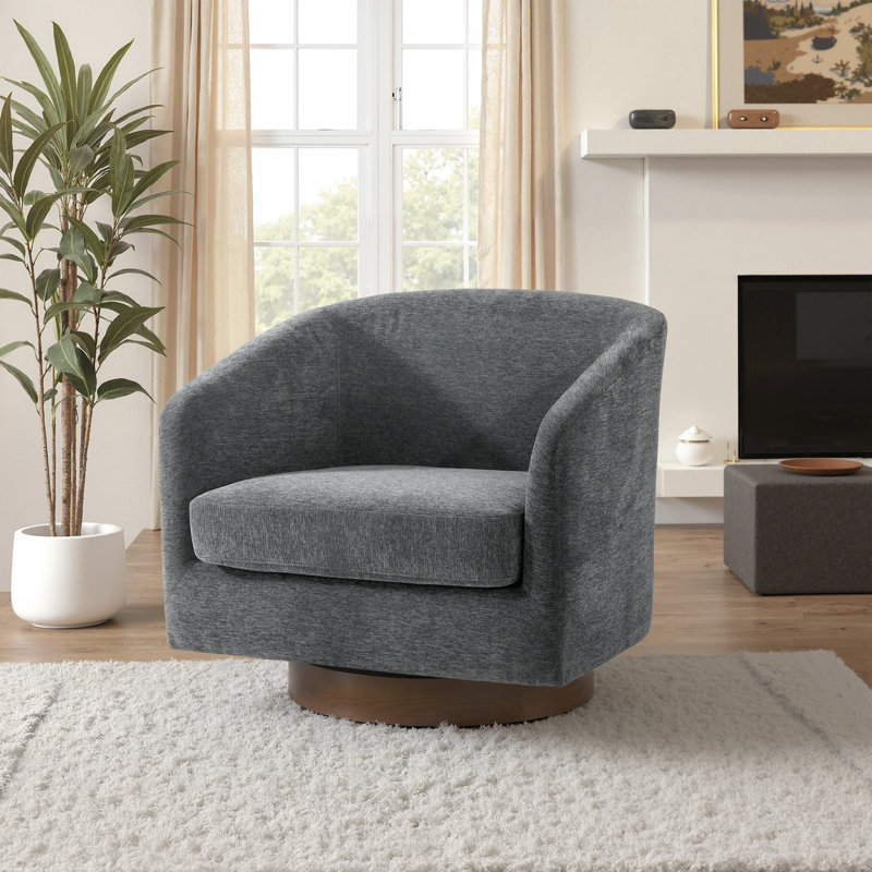 Fauteuil demi-tonneau pivotant en chenille gris avec base en bois massif Applewold, Chenille grise