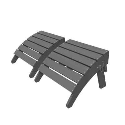 Set of 2 HDPE Foldable Adirondack Ottomans, Weather Resistant Outdoor Footrests with Wood Grain Finish for Patio & Garden