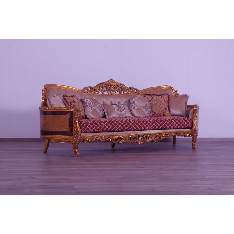 3 Piece Modigliani Sofa Red Gold Fabric, Red Burgundy/Gold