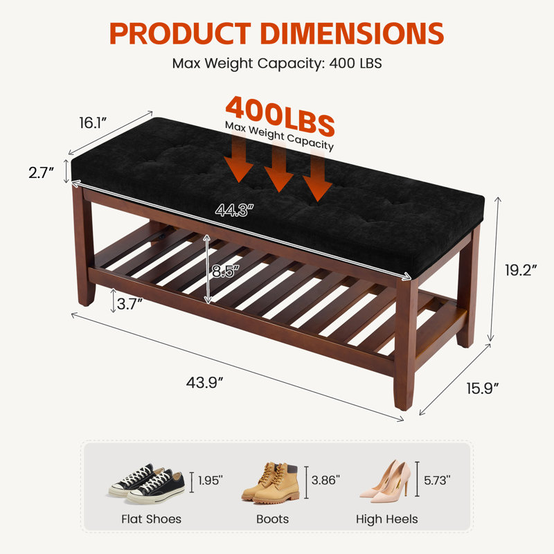 Banc de rangement capitonné de style ferme de 112 cm (44 po), banc d'entrée en bois massif, Black