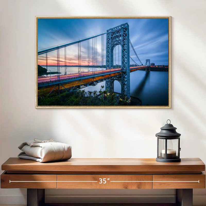 Pont George Washington à l'aube, Cadre flottant en bois naturel, 25 po x 17 po