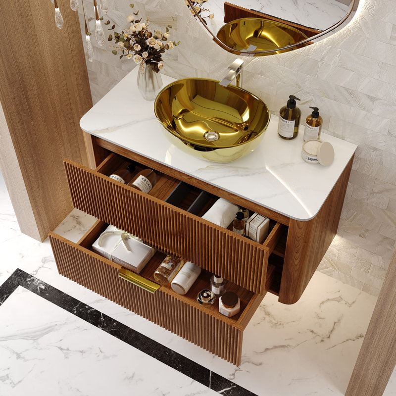 Meuble-lavabo de luxe moderne en pierre frittée 36 po 36 po, lavabo mural avec deux tiroirs et poignée dorée, lavabo doré
