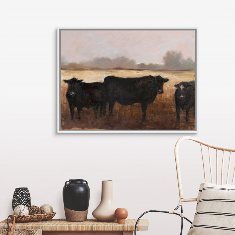 «Black Cows I», art mural sur toile, H 32 po x l 42 po x P 2 po, Toile avec cadre blanc