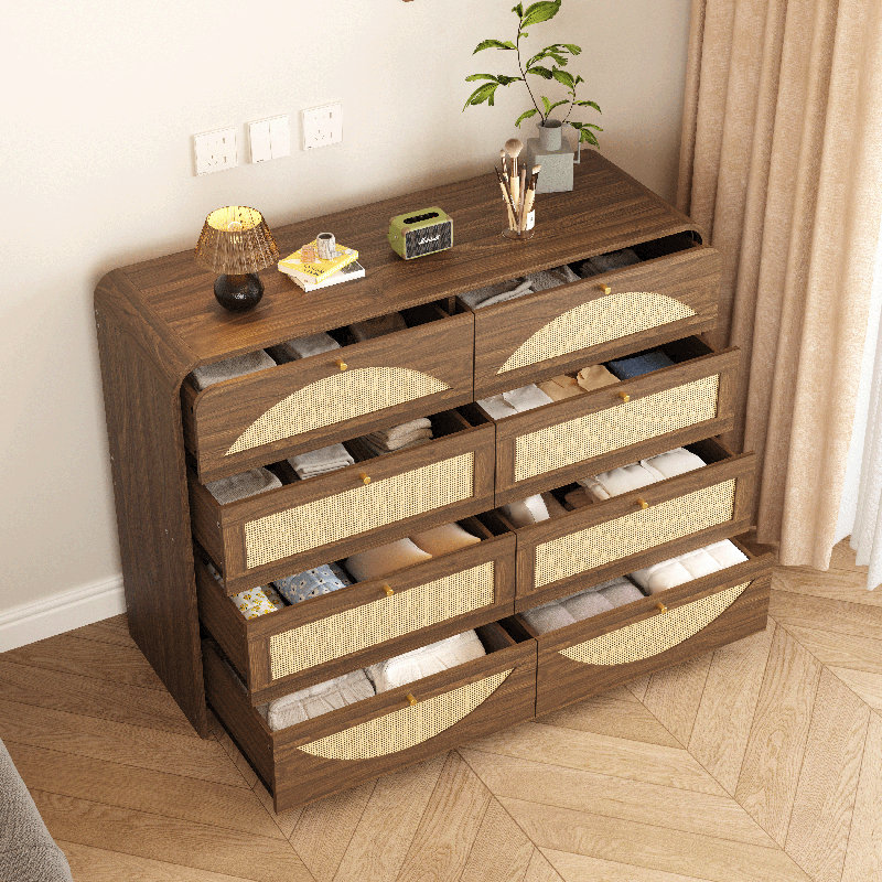 8-Drawer Cabinet with Rattan Front, Walnut