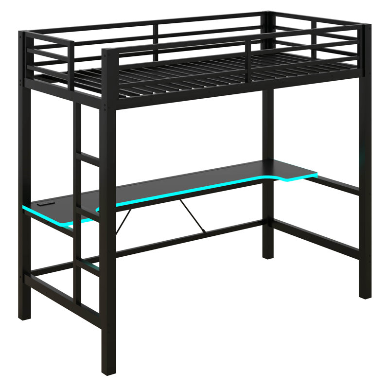 Structure de lit mezzanine en métal avec bureau et lumière DEL Gaming, Simple, Noir