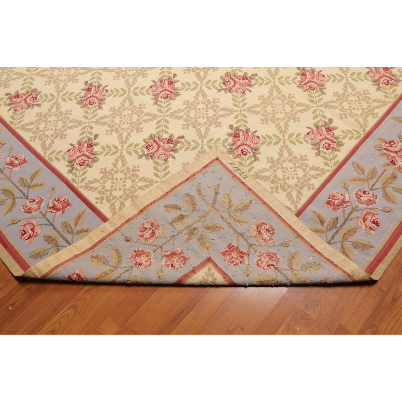 Handmade Aubusson Floral Trellis Wool Rug 9' x 12' in Blue