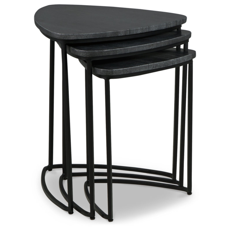Olinmere Black Triangular Marble and Metal Nesting Tables, Set of 3