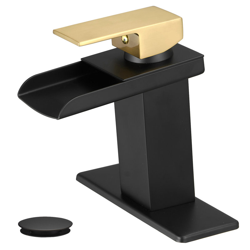 Robinet pour salle de bain à poignée simple avec drain, Noir / or