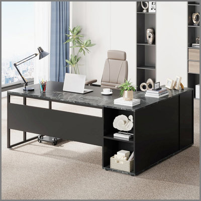 Bureau de direction en L 71 pouces avec rangement, tablettes et support pour unité centrale, idéal pour le bureau à domicile et le poste de travail, noir