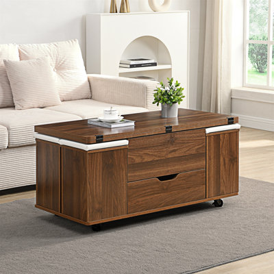 Table basse à plateau relevable Elviera avec rangement caché, 4 tabourets et roulettes verrouillables