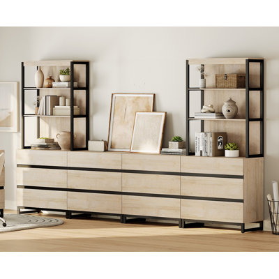 Modern 72" Tall Bookcase With 12 Drawers And Open Book Shelfs, Library Book Shelf With Storage Cabinet, Wood Freestanding Bookshelves For Home Office,