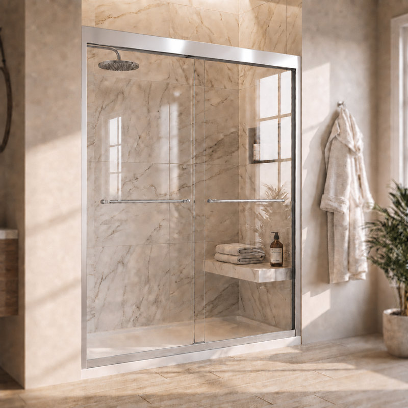 Porte de douche double à cadre coulissant avec verre transparent 5/16 po Fusion 56 "-60" x H 60 ", Chrome chrome