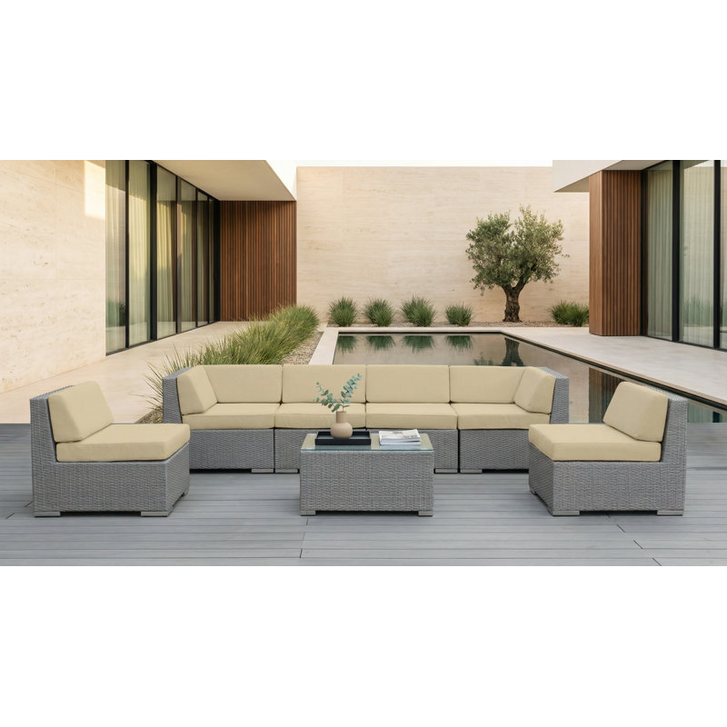 Ensemble de conversation en osier pour 6 personnes avec coussins Barneveld - sans assemblage, Toile Sunbrella® beige antique