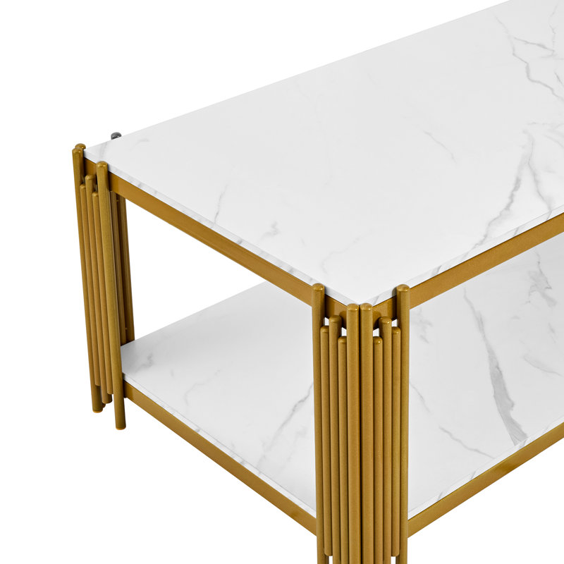 44.88" Marble Coffee Table, Modern White Faux Marble Center Table with Metal Base, Luxury Rectangular Accent Sofa Table Cocktail Tables for Living Room Apartment
