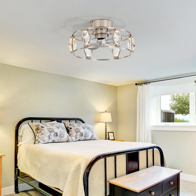 20'' Crystal Small Enclosed Caged Ceiling Fan With Light And Remote, Low Profile Bladeless Ceiling Fan Light Fixture 6 Speed, 3 Reversible Abs Blades And Quiet Motor, Flush Mount For Indoor/covered Outdoor