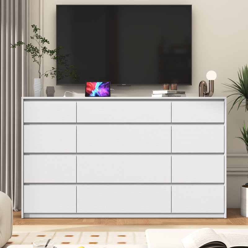 12-Drawer 63" Dresser With Charging Station, White